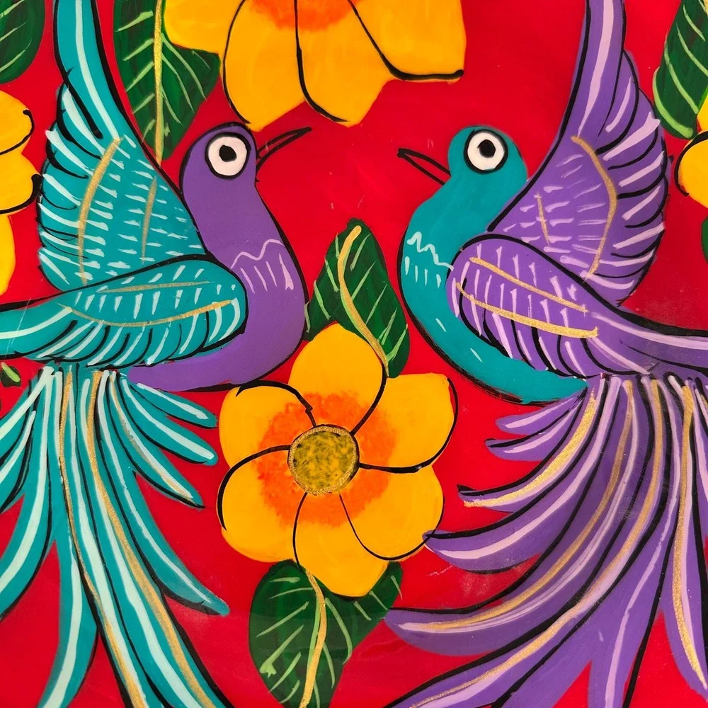 Vintage Mexican Folk Art Pottery Plate Birds Flowers‎ Redware Tonala Style